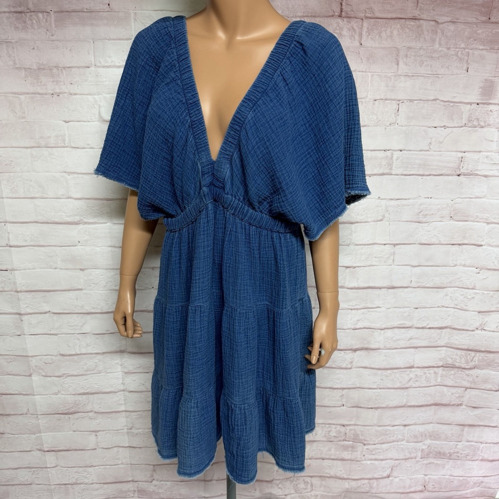 Aerie Blue Cotton Gauze Tiered Deep V Neck Open Back Flutter Sleeve Mini Dress